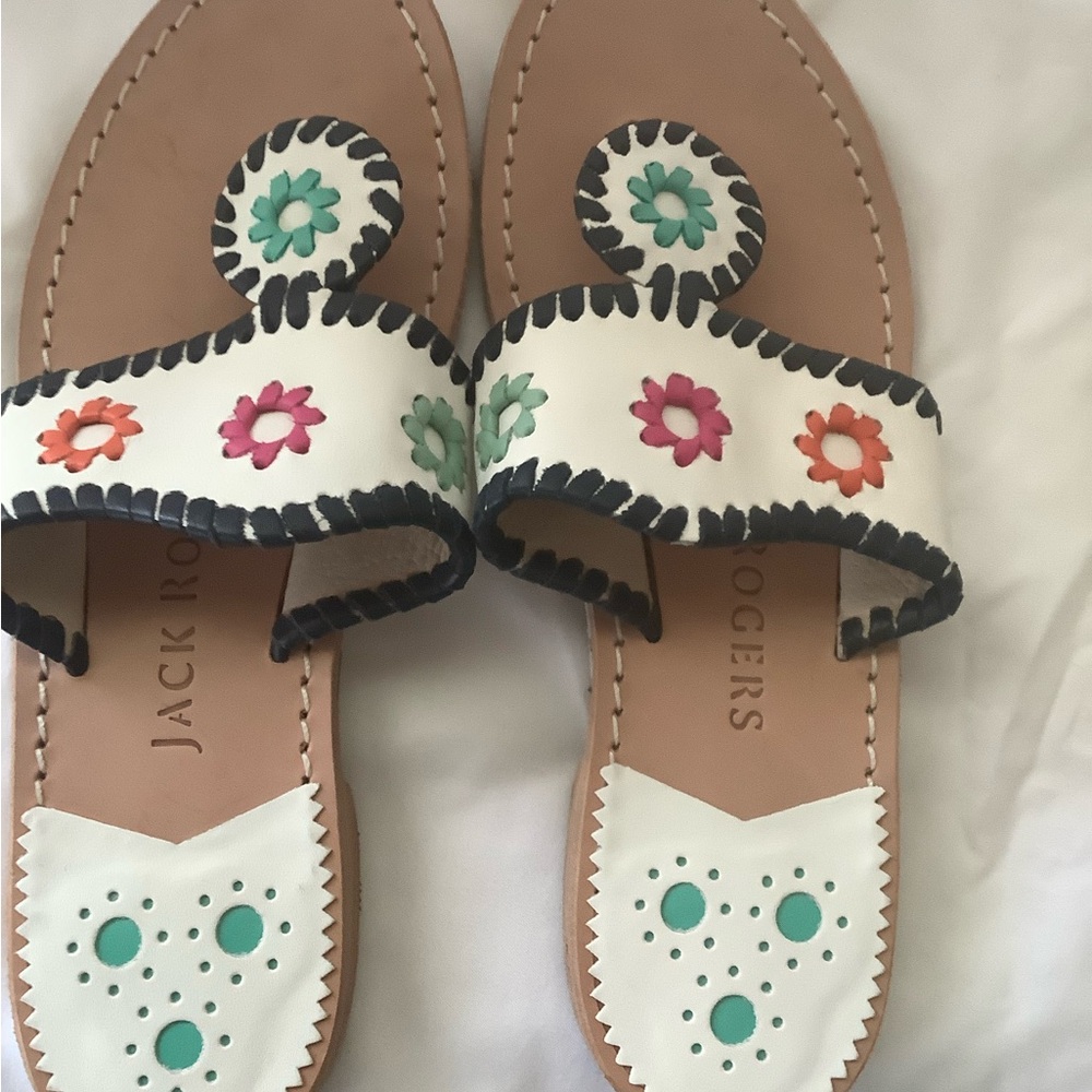 Jack Rogers Women's Sandals - White with Multicolor Floral Accents.